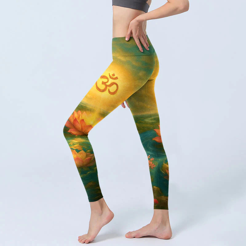Buddha Stones Symmetrical Om Symbol Lotus Flower Small Flower Tree Cloud Pattern Print Gym Leggings Women's Yoga Pants