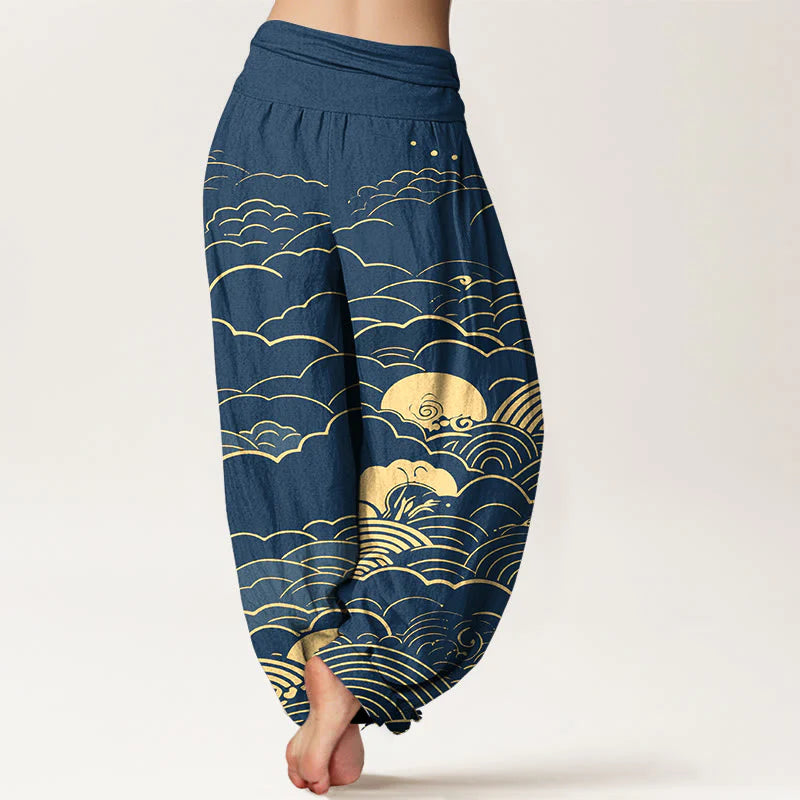 Buddha Stones Cotton Classical Clouds Spiral Pattern Women's Elastic Waist Harem Pants