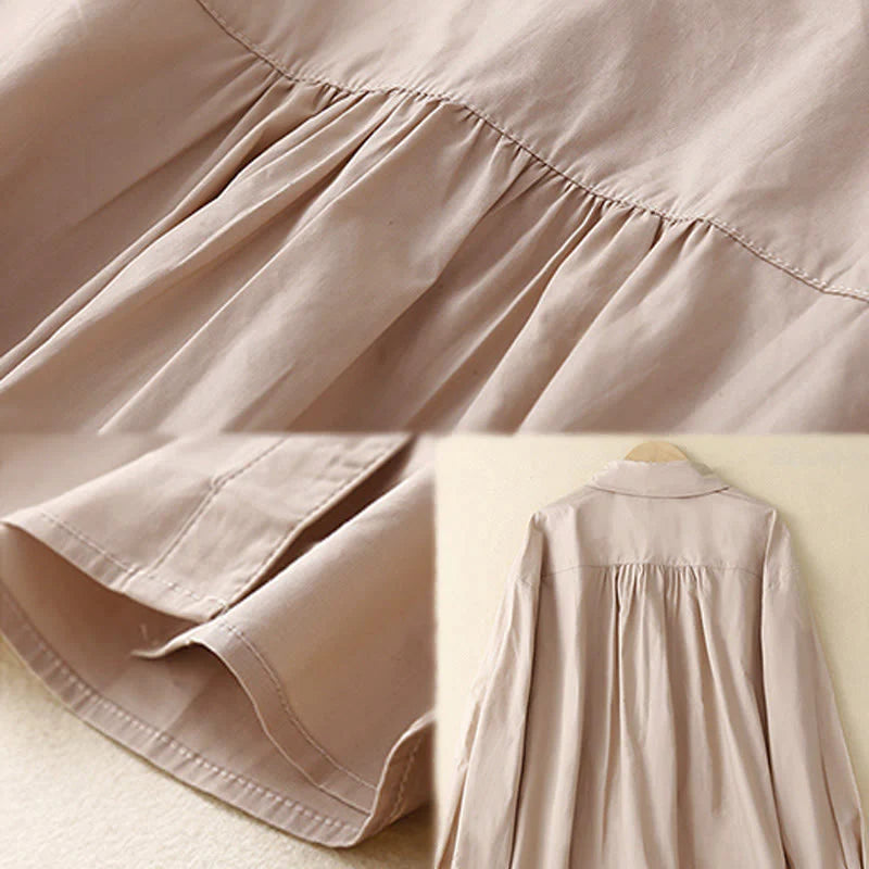 Buddha Stones Plain Double-breasted Long Sleeve Women's Cotton Lapel Shirt