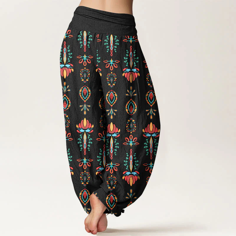 Buddha Stones Pure Cotton Colorful Lotus Flowers Green Leaves Geometric Women's Elastic Waist Harem Pants