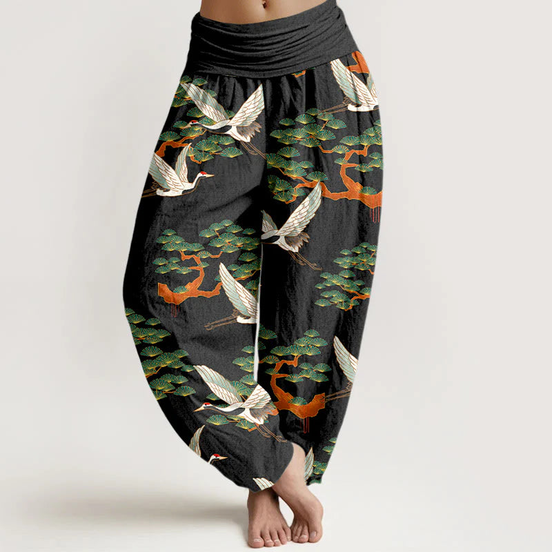 Buddha Stones Print Pine Tree Crane Pattern Pure Cotton Women's Elastic Waist Harem Pants