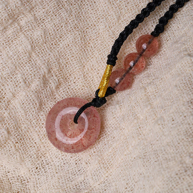 Buddha Stones Strawberry Quartz Chalcedony Peace Buckle Healing Necklace Pendant