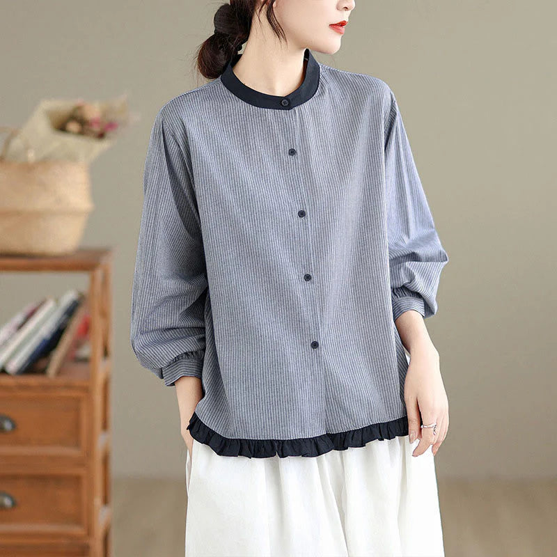 Buddha Stones Fall Plaid Striped Pattern Ruffled Hem Buttons Women's Cotton Long Sleeve Shirt