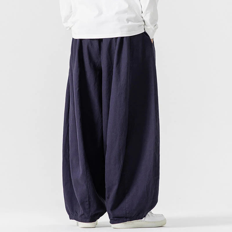 Buddha Stones Fall Solid Color Cotton Elastic Waist Men's Harem Pants With Pockets
