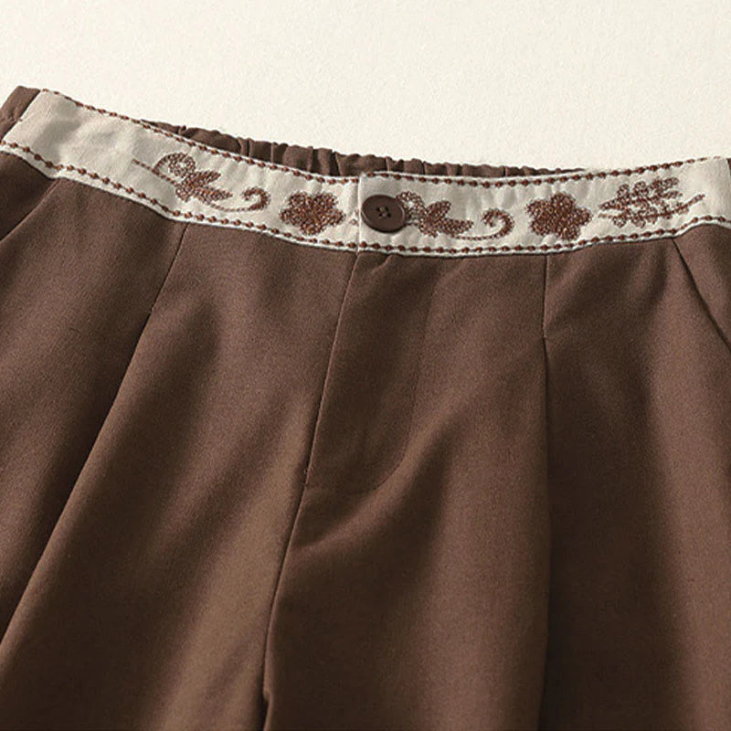 Buddha Stones Women's Embroidery Elastic Waistband Zipper Design Cotton Wide Leg Pants With Pockets
