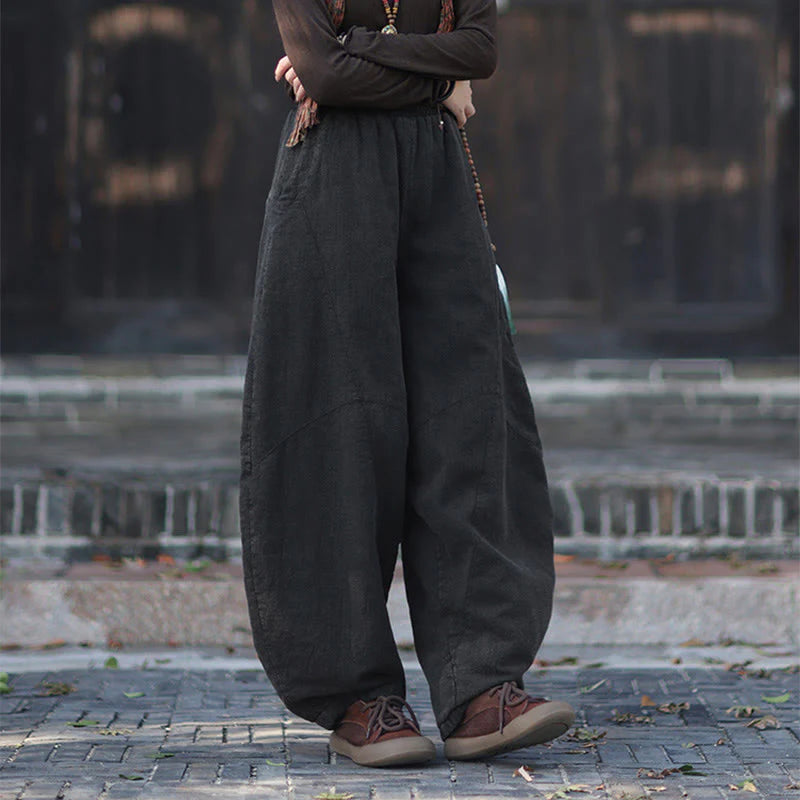 Buddha Stones Winter Elastic Waist Ramie Cotton Thermal Women's Pants With Pockets