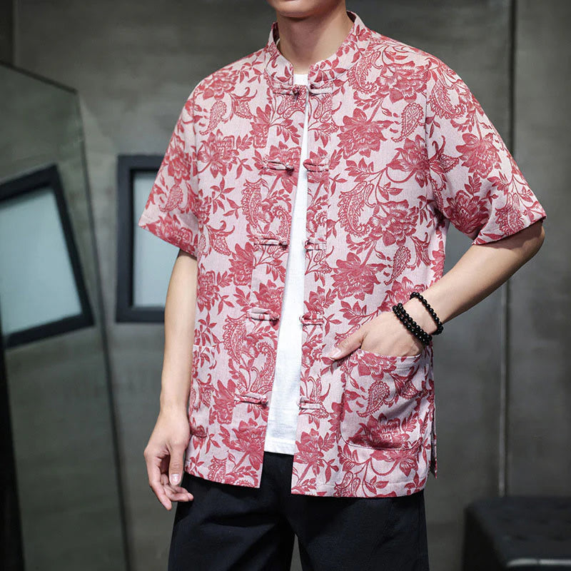Buddha Stones Casual Jacquard Paisley Flower Plant Pattern Frog-Button Design Men's Cotton Shirt Cardigan With Pockets