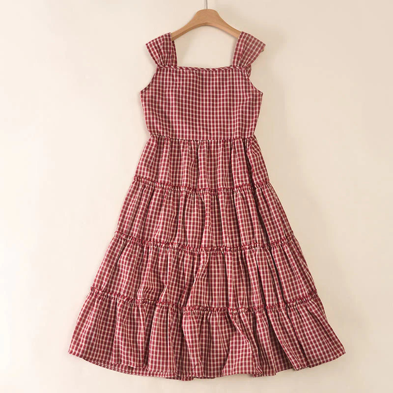 Buddha Stones Plaid Sleeveless Summer Below Knee Dress With Pockets