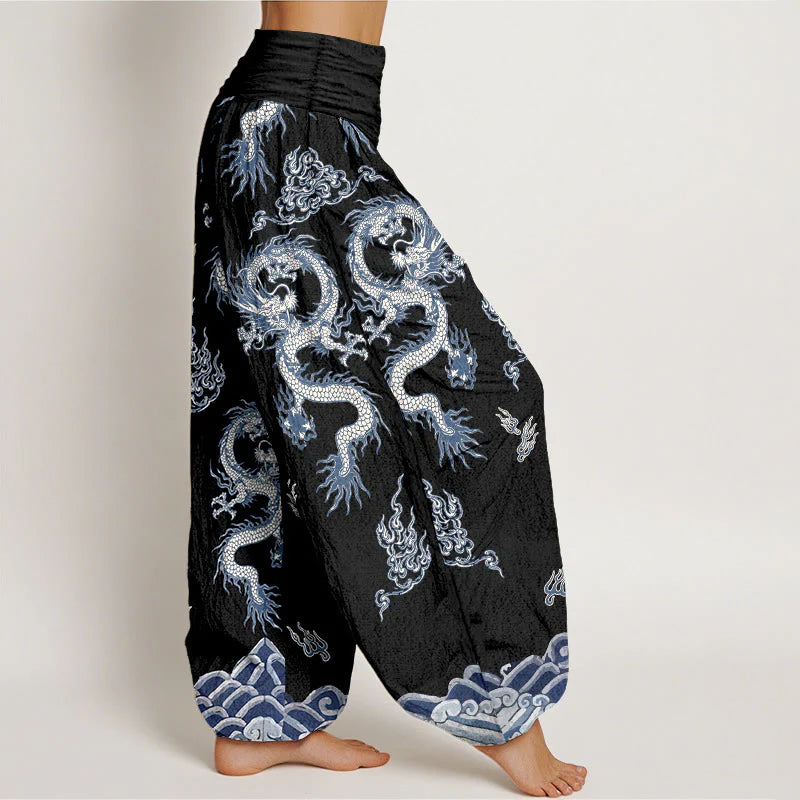 Buddha Stones Pure Cotton Dragon And Cloud Pattern Women's Elastic Waist Harem Pants