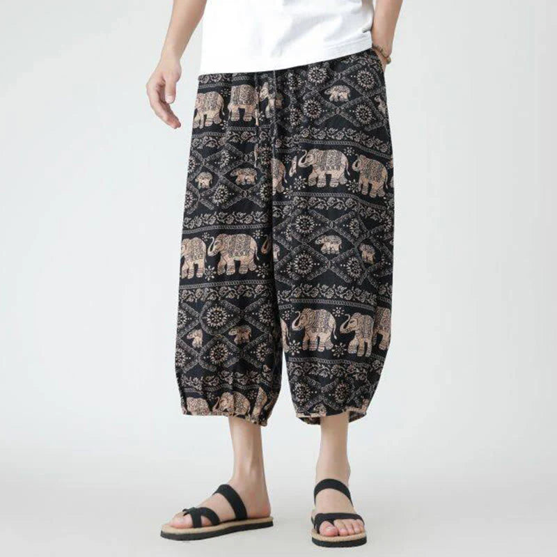 Buddha Stones Summer Square Patchwork Elephant Mandala Geometry Cotton Linen Men's 7-8 Length Pants With Pockets