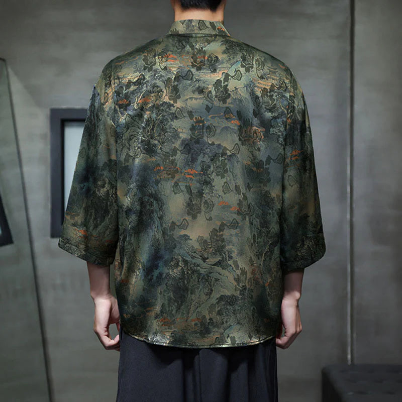 Buddha Stones Spring Frog-Button Dragon Mountain Flower Three Quarter Sleeve Tang Suit Men's Shirt With Pockets