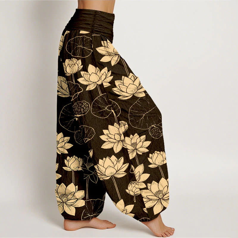 Buddha Stones Cotton Lotus Flowers Leaves Pods Pattern Women's Elastic Waist Harem Pants