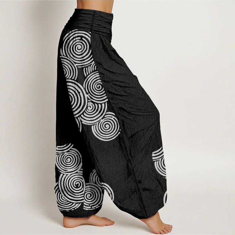 Buddha Stones Printed White Spiral Pattern Women's Elastic Waist Harem Pure Cotton Pants