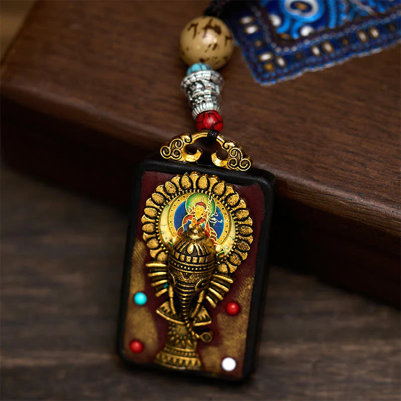 Buddha Stones Tibetan Ganesh Ganpati Elephant Ebony Wood Rope Peace Necklace Pendant
