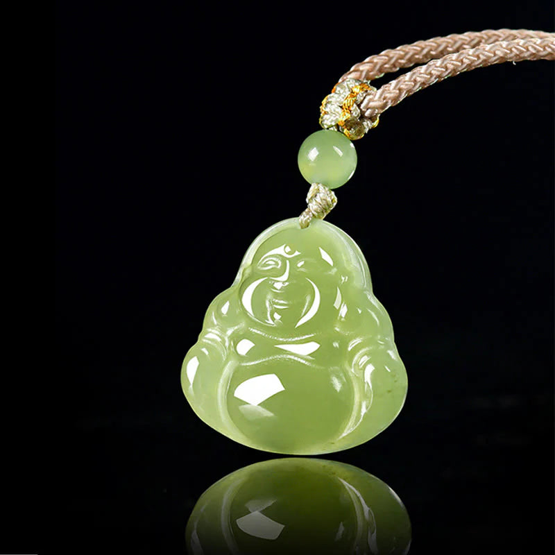 Buddha Stones Green Jade Laughing Buddha Prosperity Rope Necklace Pendant
