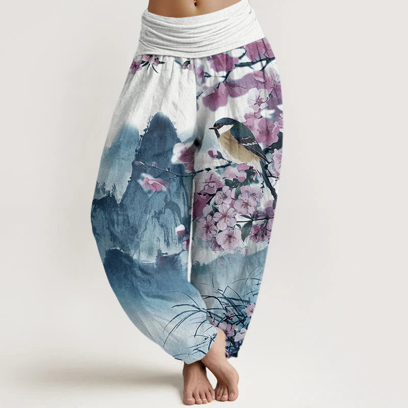 Buddha Stones Cotton Bird Cherry Blossom Mountains Pattern Women's Elastic Waist Harem Pants