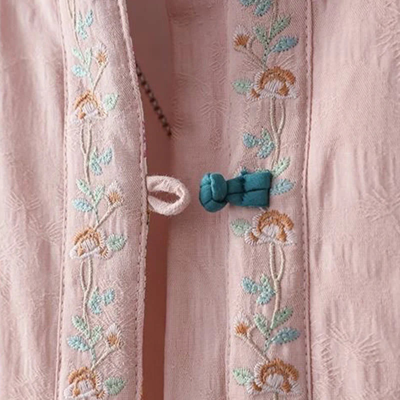 Buddha Stones Winter Frog-Button Embroidery Flowers Vines Open Front Cotton Long Sleeve Women's Thermal Jacket