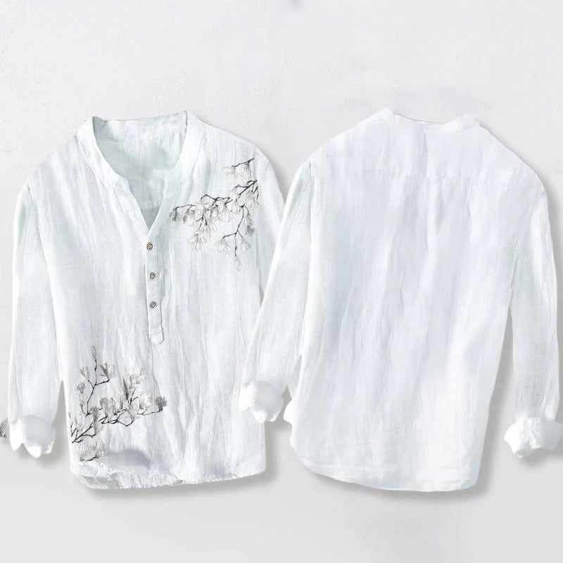 Buddha Stones Magnolia Flowers Branches Pattern Half Buttons Men's Cotton Linen Long Sleeve Shirt