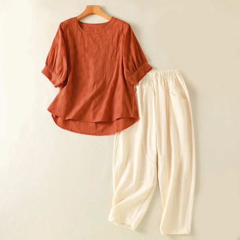 Buddha Stones 2pcs Plain Women's Short Sleeve Shirt Harem Pants Meditation Clothing Set