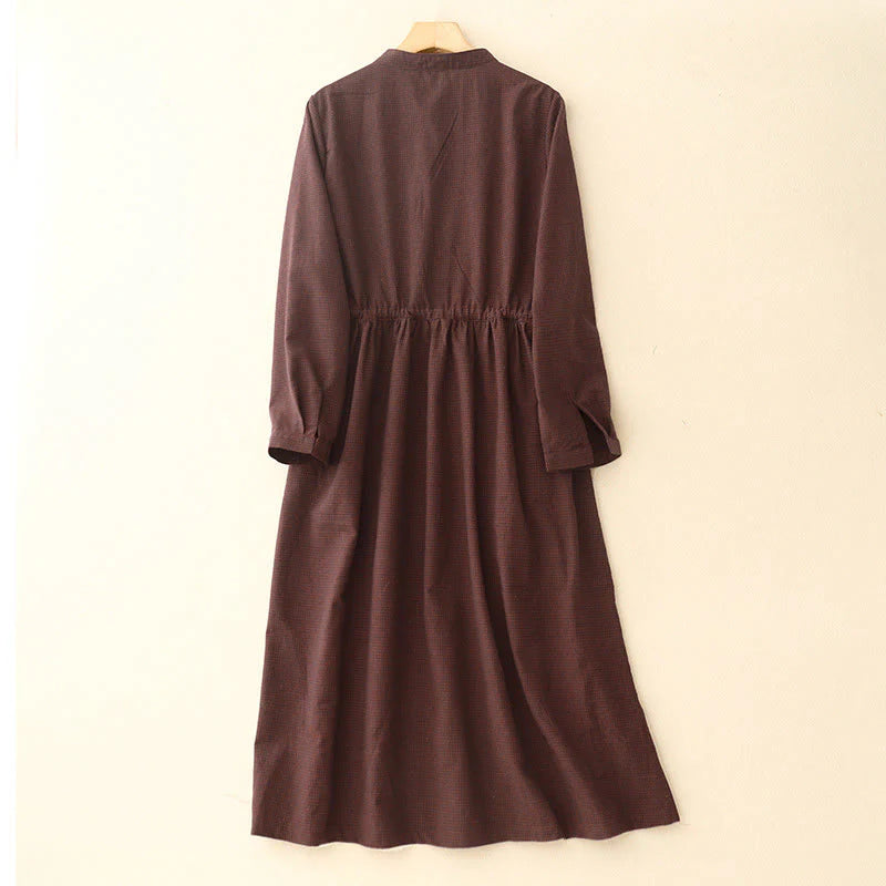 Buddha Stones Fall Brown Plaid Stand Collar Frog-Button Design Long Sleeve Midi Dress With Pockets