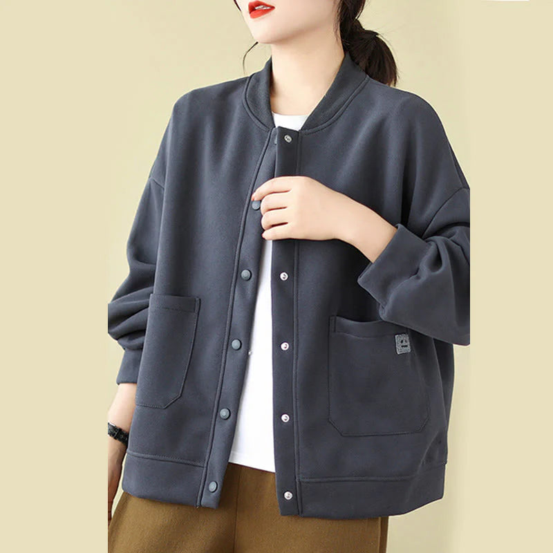 Buddha Stones Plain Women's Buttons Crew Neck Long Sleeve Cotton Jacket With Pockets