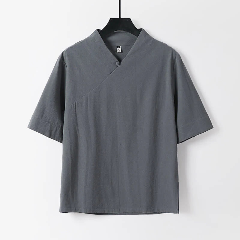 Buddha Stones 2Pcs V-Neck Cotton Half Sleeve Shirt Pants With Pockets Men's Meditation Cloth Set