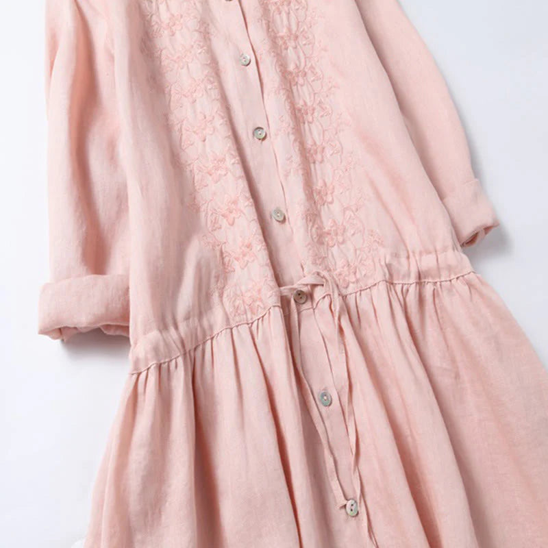 Buddha Stones Fall Embroidery Button Design Cotton Linen Long Sleeve Midi Dress With Pockets