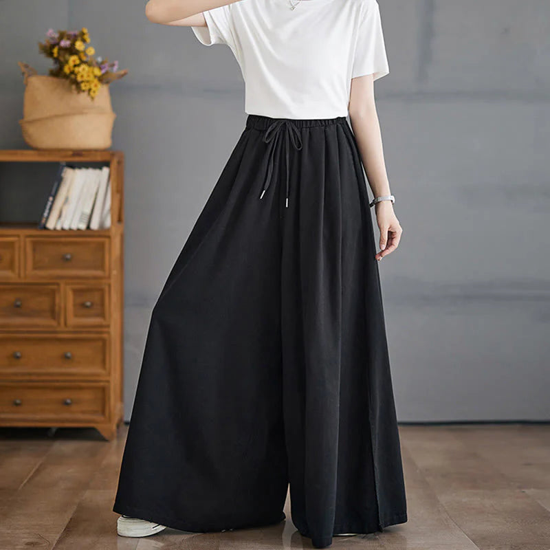 Buddha Stones Retro Leg Opening Slit Design Women's Wide Leg Pants With Pockets