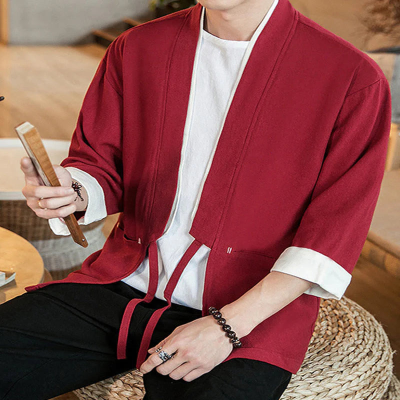 Buddha Stones Lace-Up Design Jacket Cotton Linen Men's Three Quarter Sleeve Kimono With Pockets