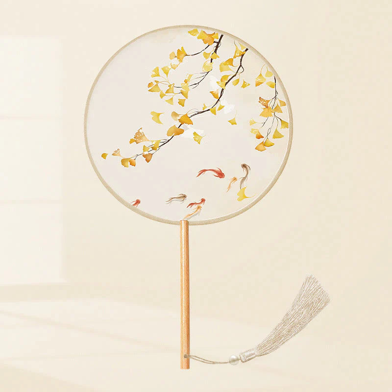 Buddha Stones Ginkgo Leaf Koi Fish Cherry Blossom Spring Flowers Handheld Wood Handle Fan