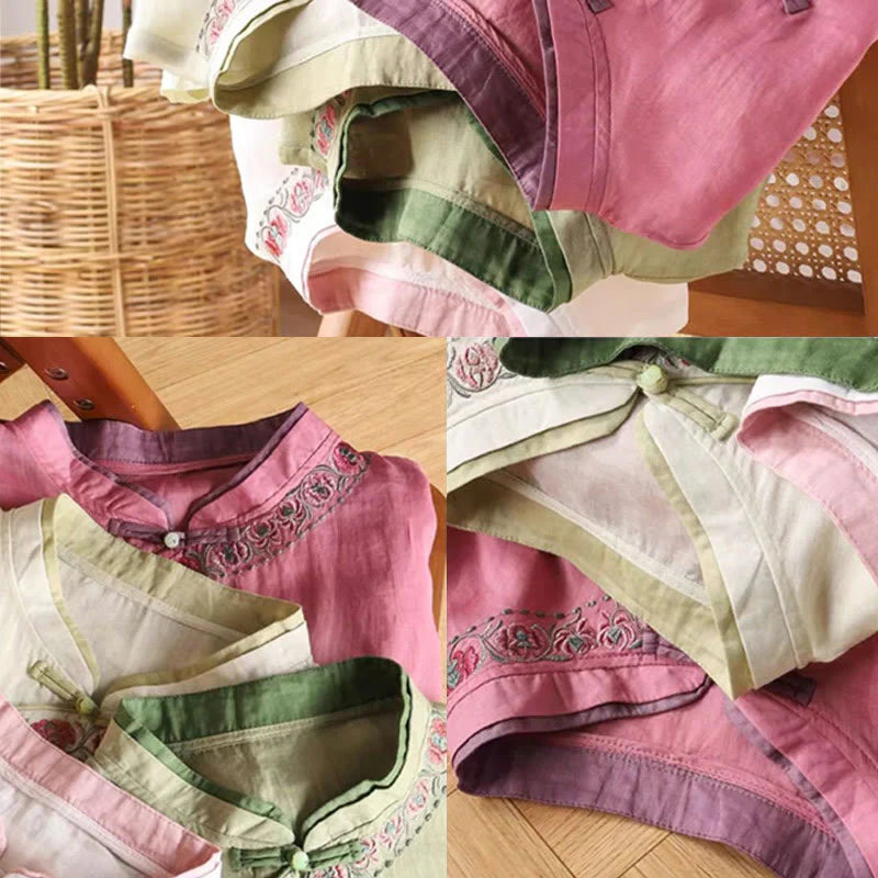 Buddha Stones Vintage Zen Embroidery Plant Floral Pattern Chinese Frog-Button Design Three Quarter Sleeve Women's Cotton Linen Shirt
