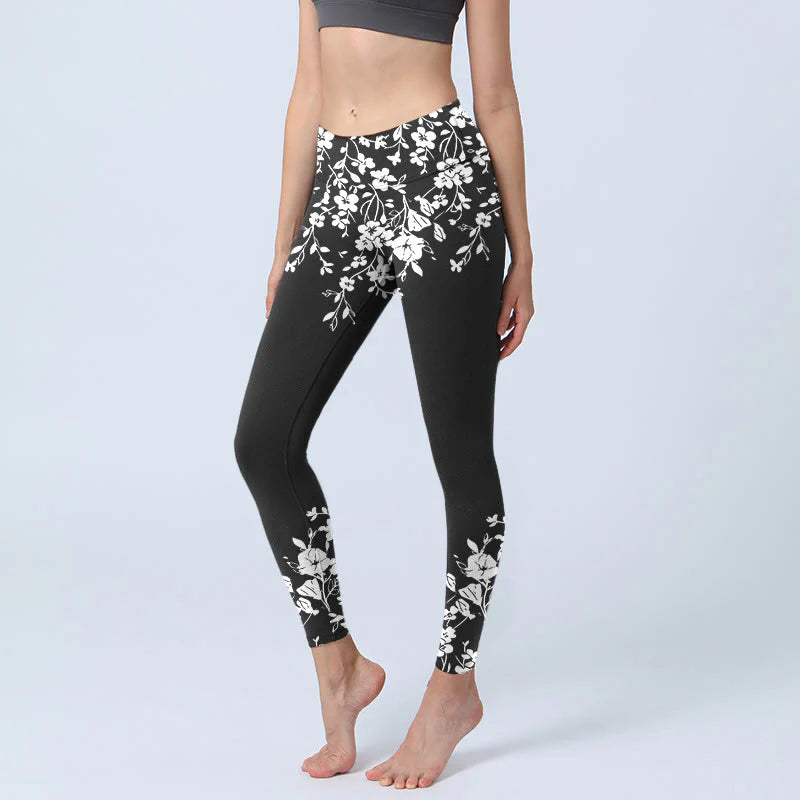 Buddha Stones Gorgeous Minimalist Style Flower Pattern Print Gym Leggings Women's Yoga Pants