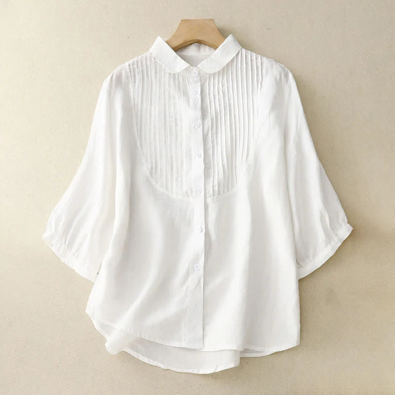 Buddha Stones Spring Pleated Pintuck Peter Pan Collar Half Sleeve Women's Shirt