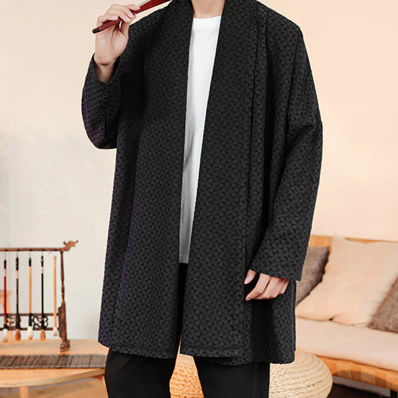 Buddha Stones Winter Jacquard Simple Design Men's Cotton Long Sleeve Kimono