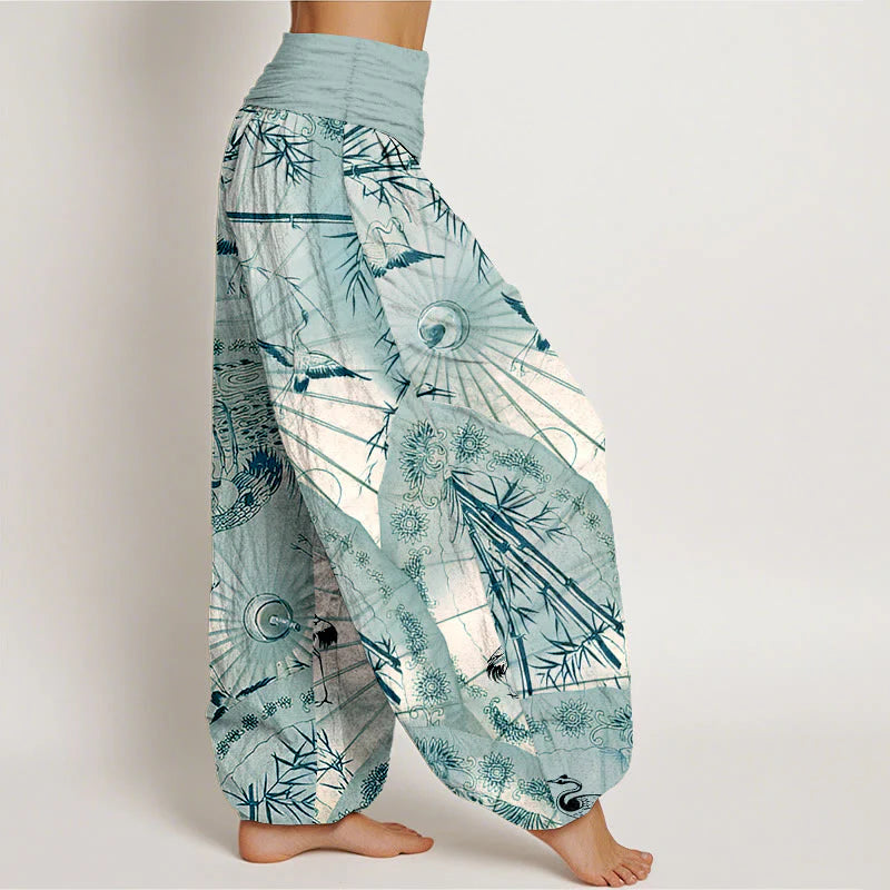 Buddha Stones Pure Cotton Umbrella Crane Bamboo Pattern Women's Elastic Waist Harem Pants