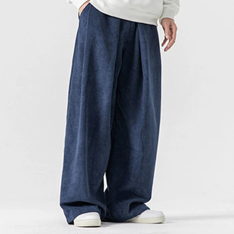 Buddha Stones Solid Color Cotton Corduroy Men's Wide Leg Pants With Pockets