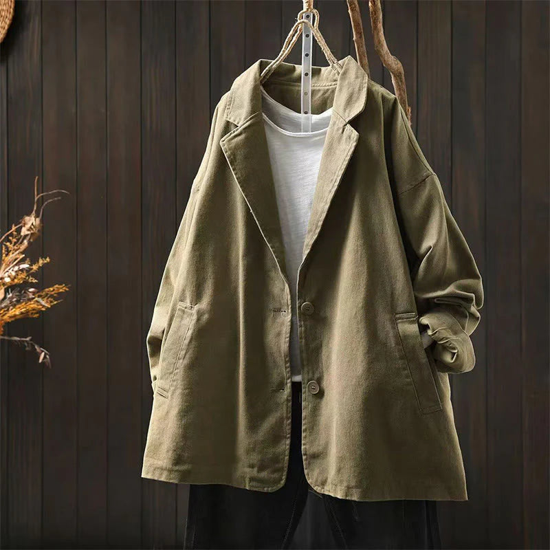 Buddha Stones Spring Fall Buttons Lapel Collar Long Sleeve Mid-length Cotton Women's Jacket With Pockets
