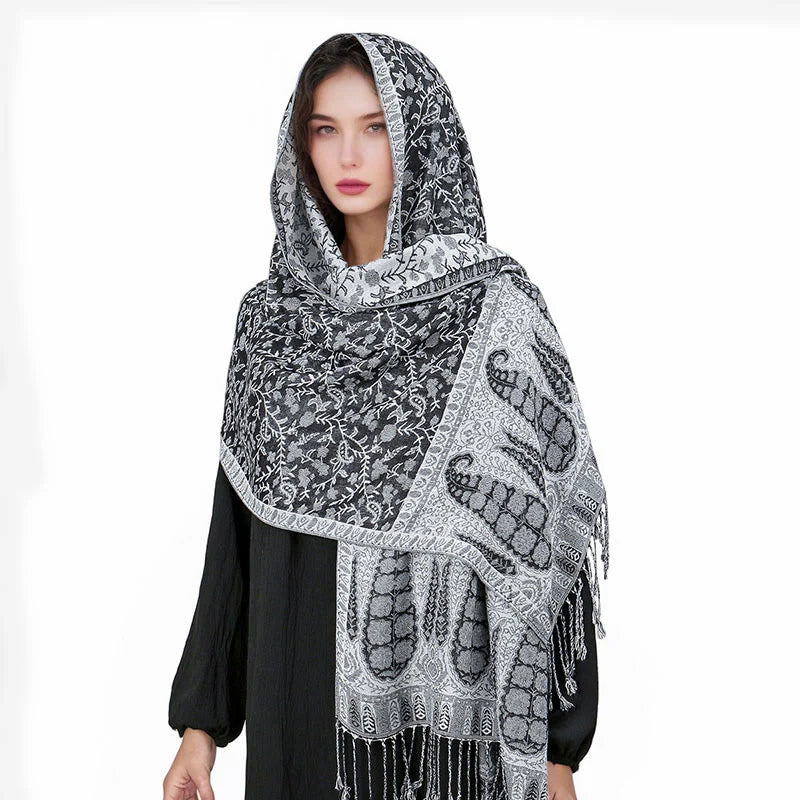 Buddha Stones Tibetan Jacquard Paisley Flower Pattern Color Contrast Design Tassel Cozy Scarf Shawl