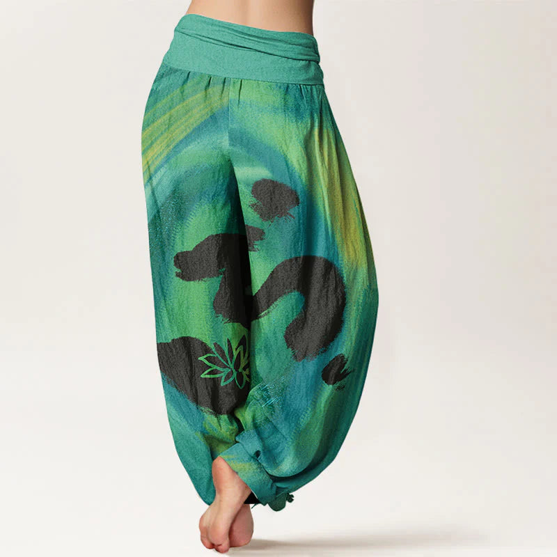 Buddha Stones Cotton OM Symbol Lotus Flower Pattern Women's Elastic Waist Harem Pants