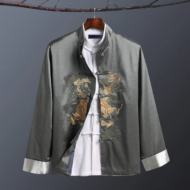 Buddha Stones Spring Fall Dragon Embroidery Frog-Button Long Sleeve Men's Jacket