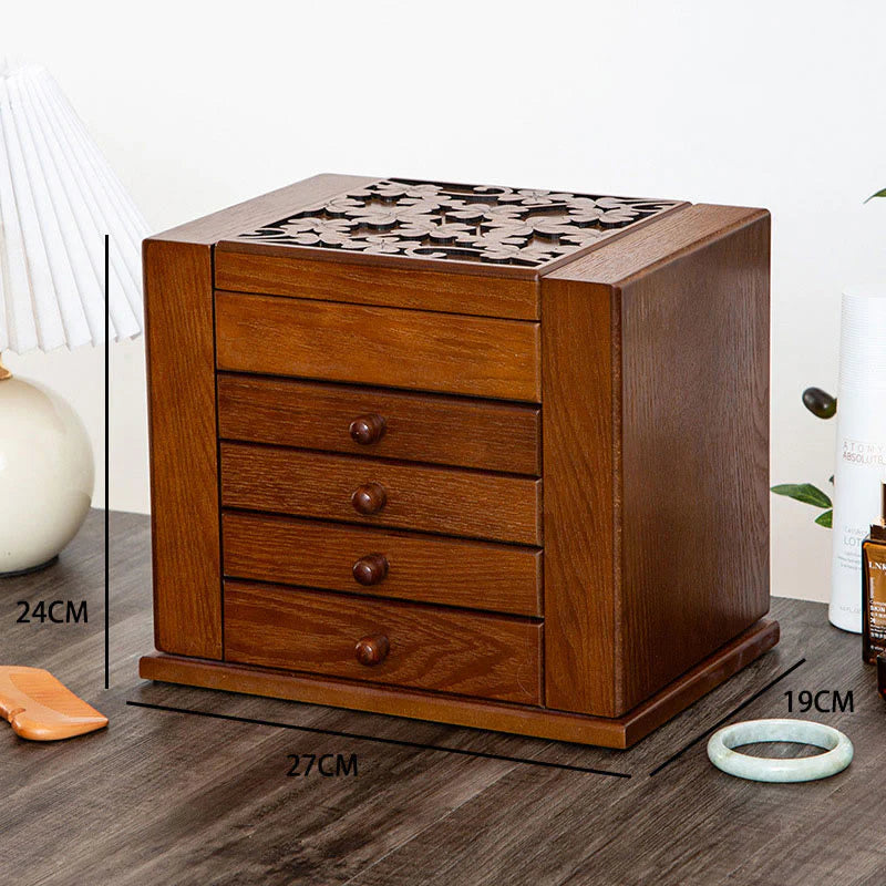 Buddha Stones Vintage Large Capacity Wooden Jewelry Box Jewelry Storage Box With Mirror