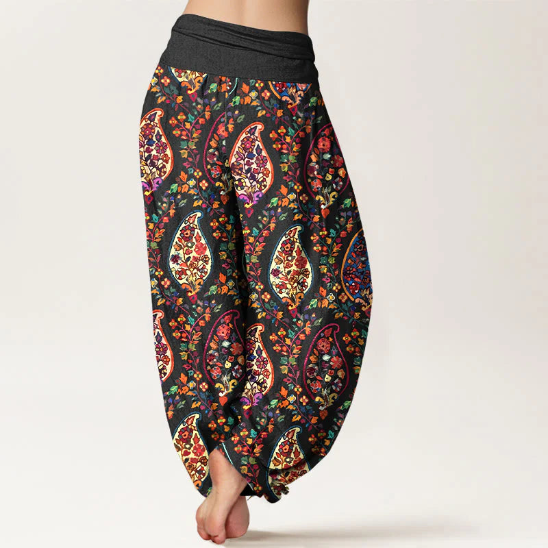 Buddha Stones Cotton Brightly Colored Retro Flowers Leaves Pattern Women's Elastic Waist Harem Pants