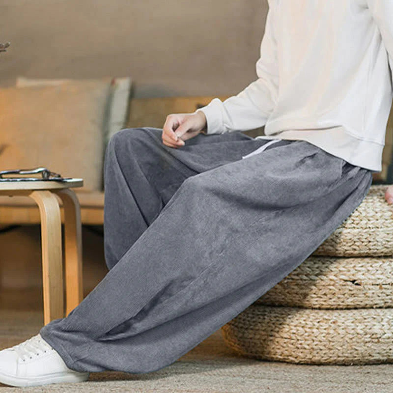 Buddha Stones Retro Men's Plain Fleece-Lined Corduroy Simple Design Harem Pants With Pockets