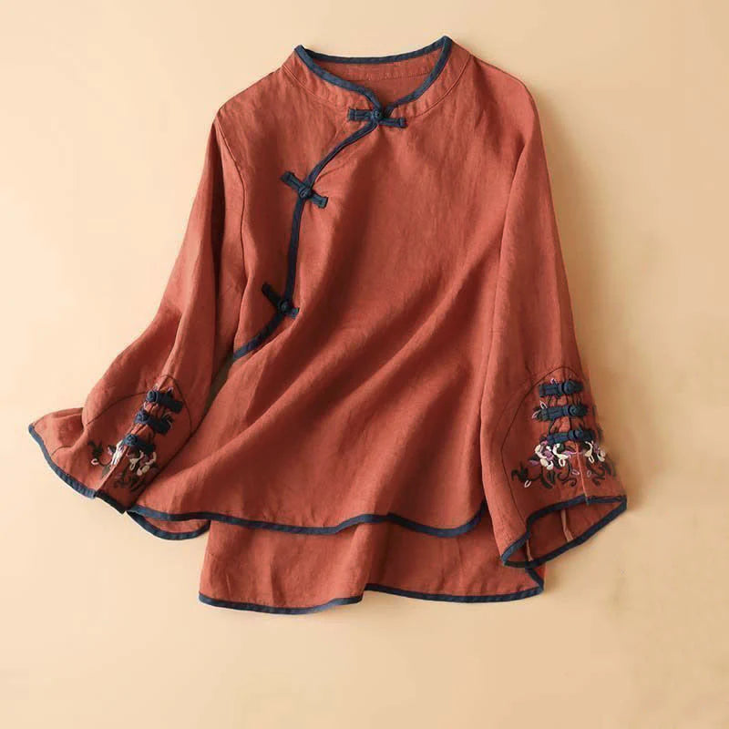 Buddha Stones Retro Flower Embroidery Design Long Sleeve Cotton Linen Women's Shirt