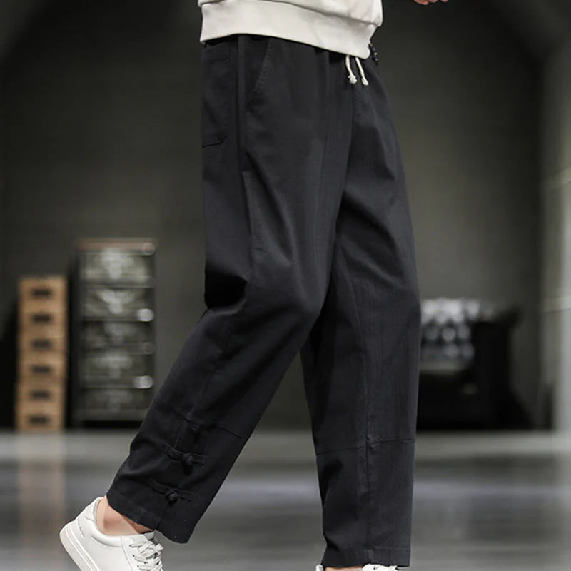 Buddha Stones Drawstring Elastic Waist Frog-Button Ankle-Length Men's Cotton Pants With Pockets