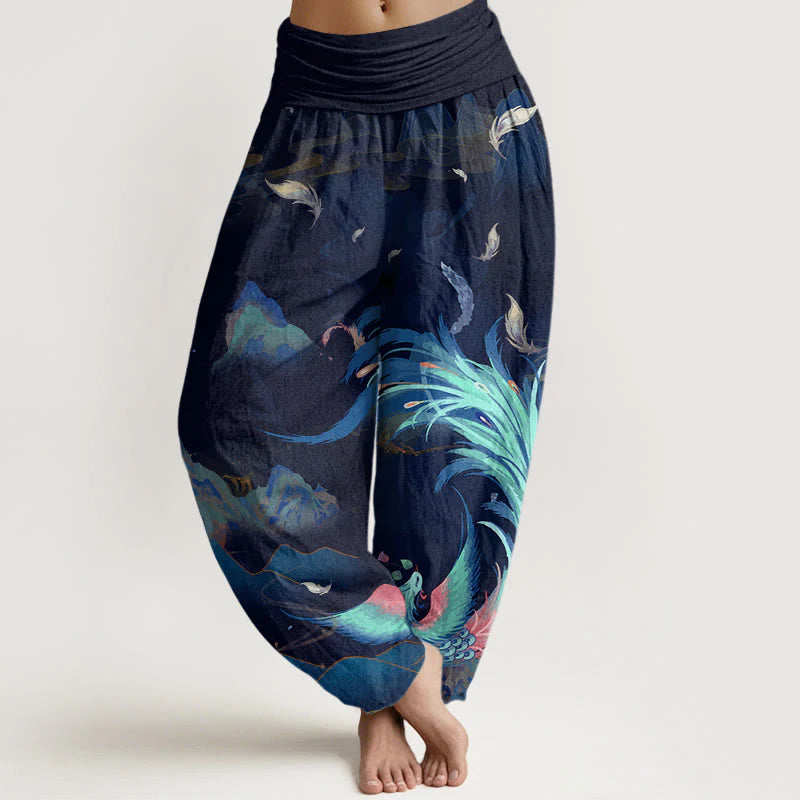 Buddha Stones Cotton Phoenix Mountain Cloud Pattern Women's Elastic Waist Harem Pants