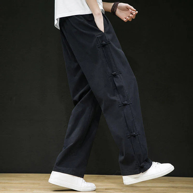 Buddha Stones Casual Patchwork Crane Pattern Frog-Button Design Men's Wide Leg Pants With Pockets