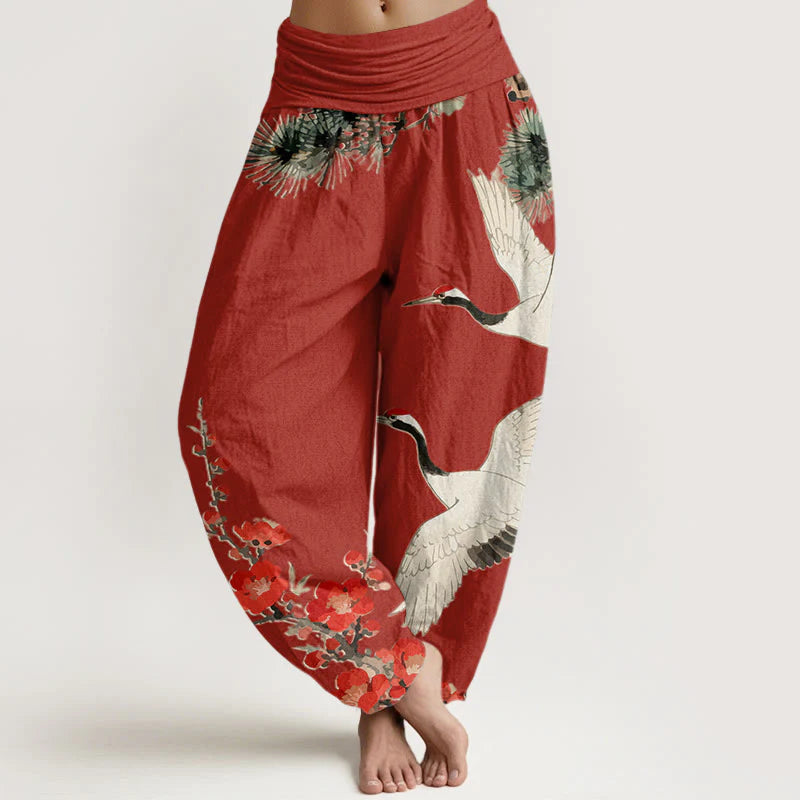 Buddha Stones Print Cranes Plum Blossoms Pattern Women's Elastic Waist Harem Cotton Pants