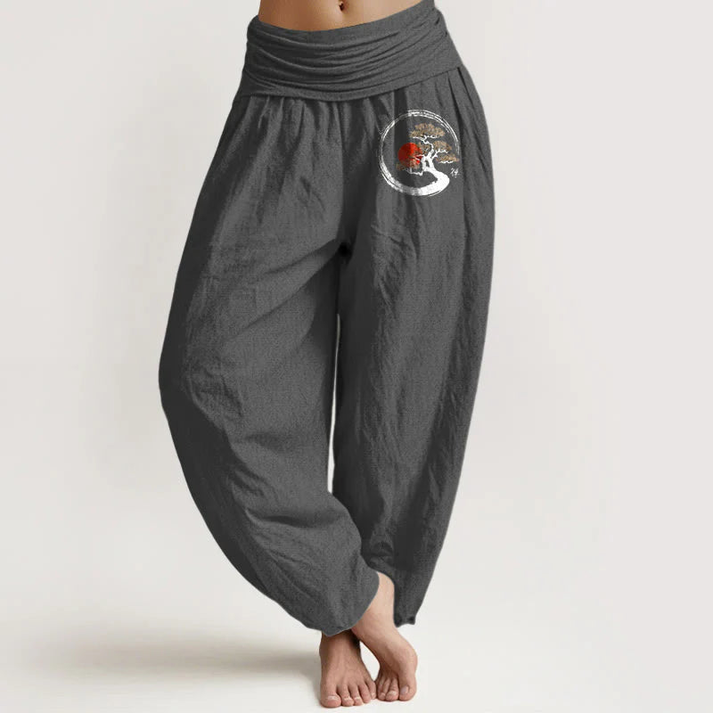 Buddha Stones Pine Tree Red Sun Zen Character Pattern Pure Cotton Women's Elastic Waist Harem Pants