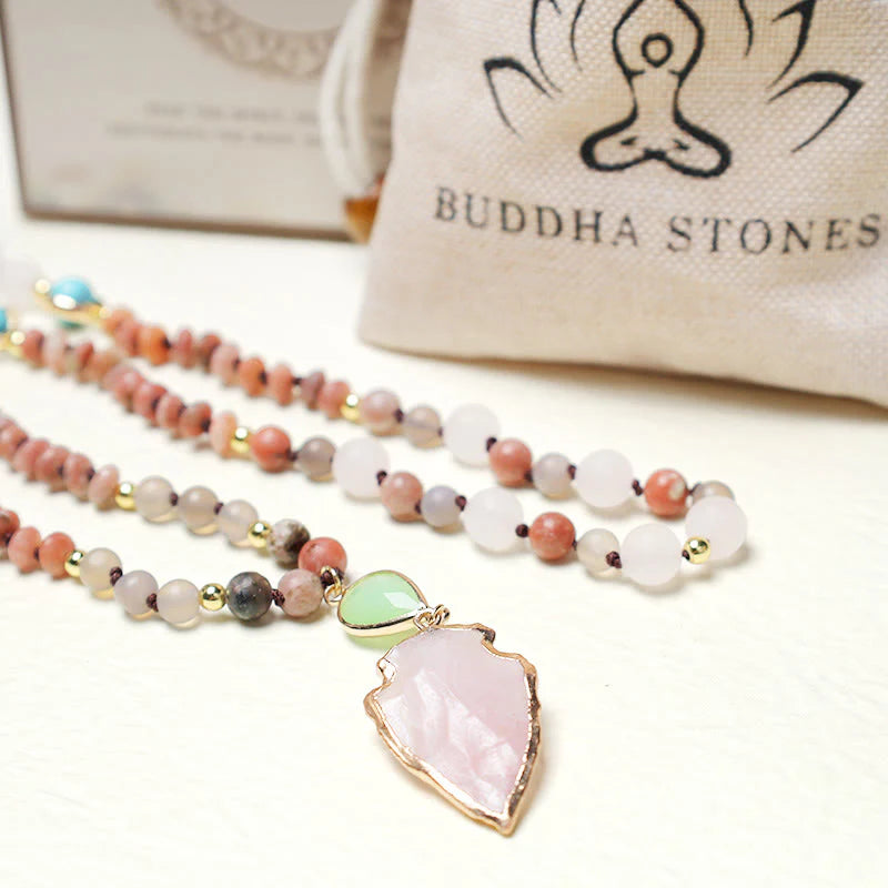 Buddha Stones Natural Rose Quartz Crystal Stone Healing Arrowhead Necklace Pendant